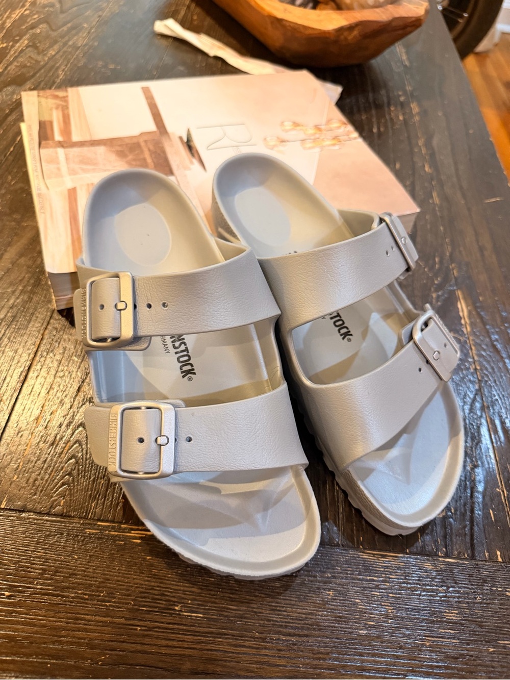 Birkenstock Two-Buckle Slide Sandals in Light Gray